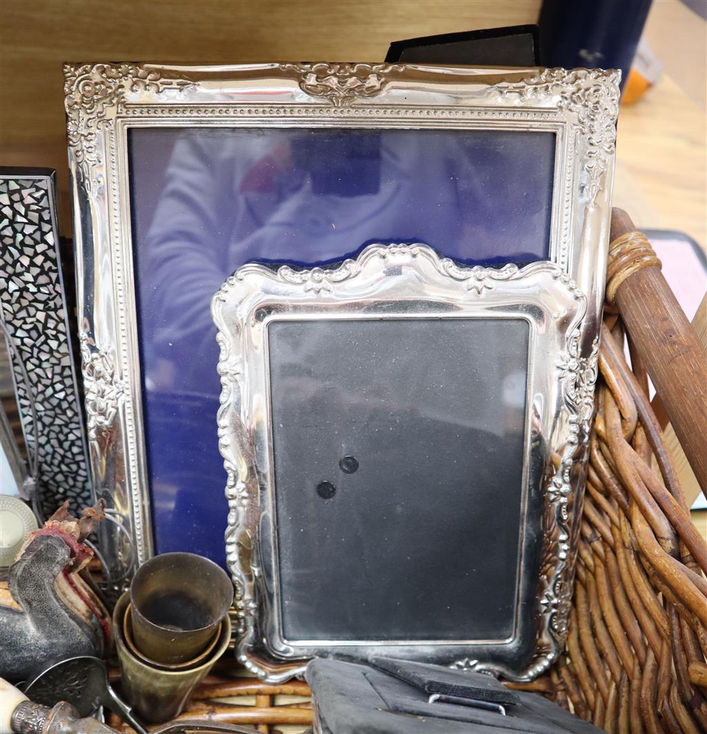 A quantity of plated and other frames, antler, horn carving knives, shakers, Meerschaum pipe etc